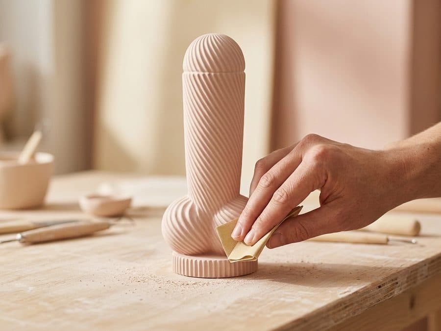 Une main ponce au papier de verre le socle cannelé de la Lampe Monsieur, sur un établi clair