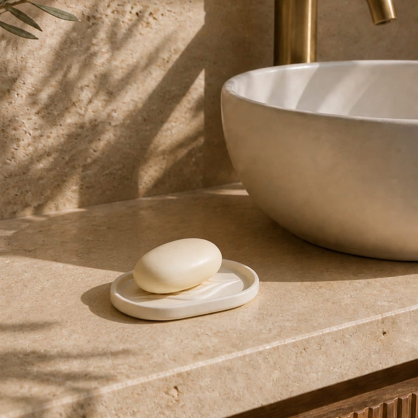 Porte-savon solide design L'Amande blanc sur une vasque en pierre, robinetterie en laiton et vasque ronde