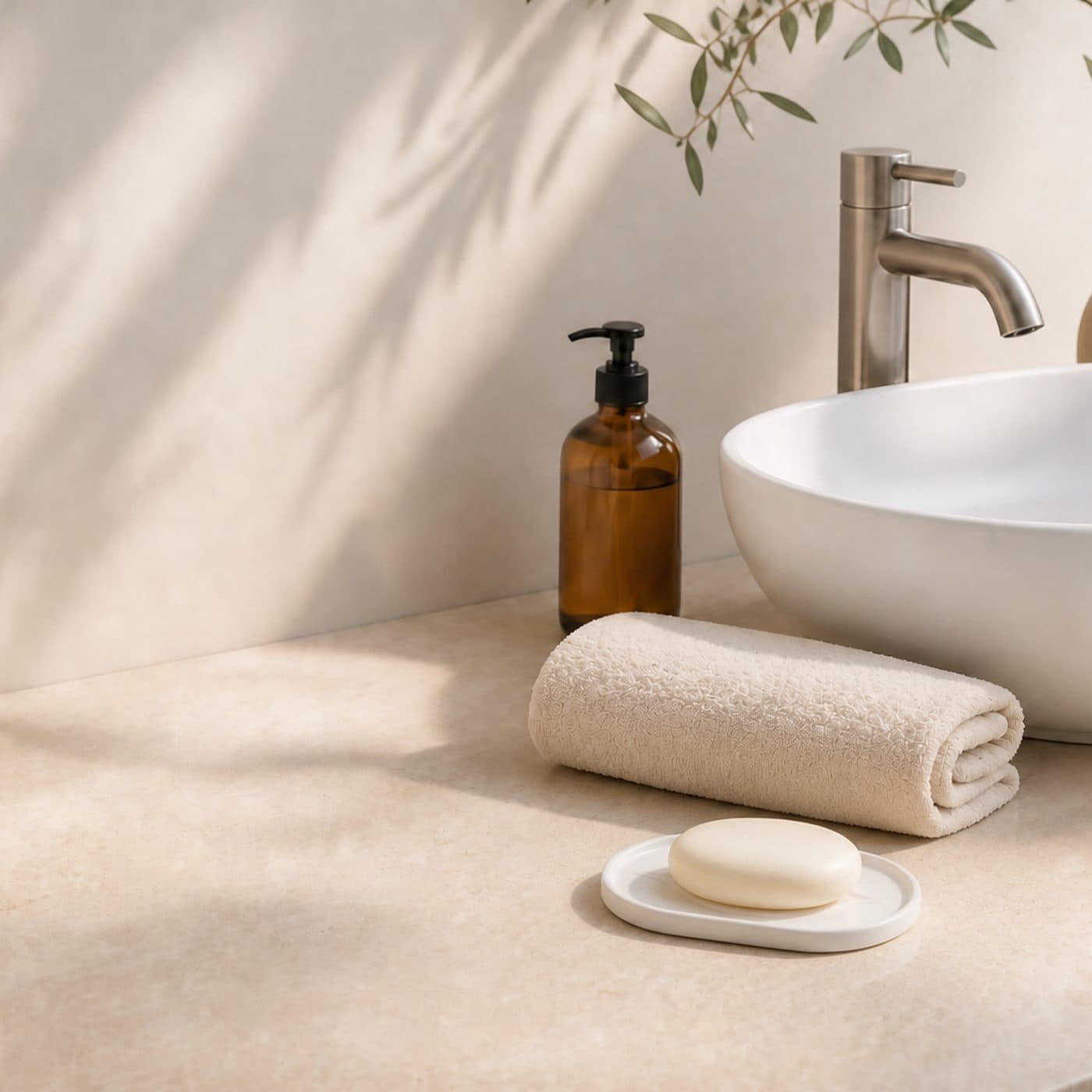 Porte-savon original L'Amande blanc sur un plan de salle de bain, serviette roulée et flacon ambré