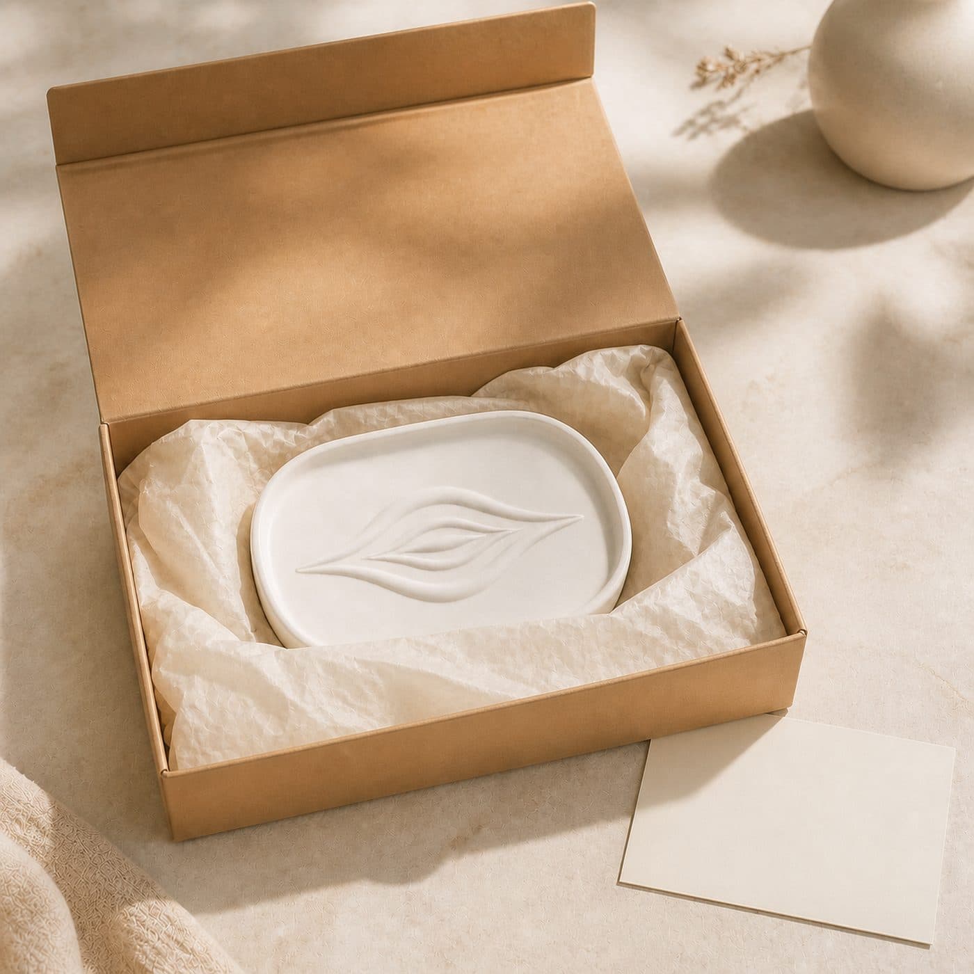 Porte-savon L'Amande by OSER blanc dans son coffret kraft, le motif en relief visible sur le plateau