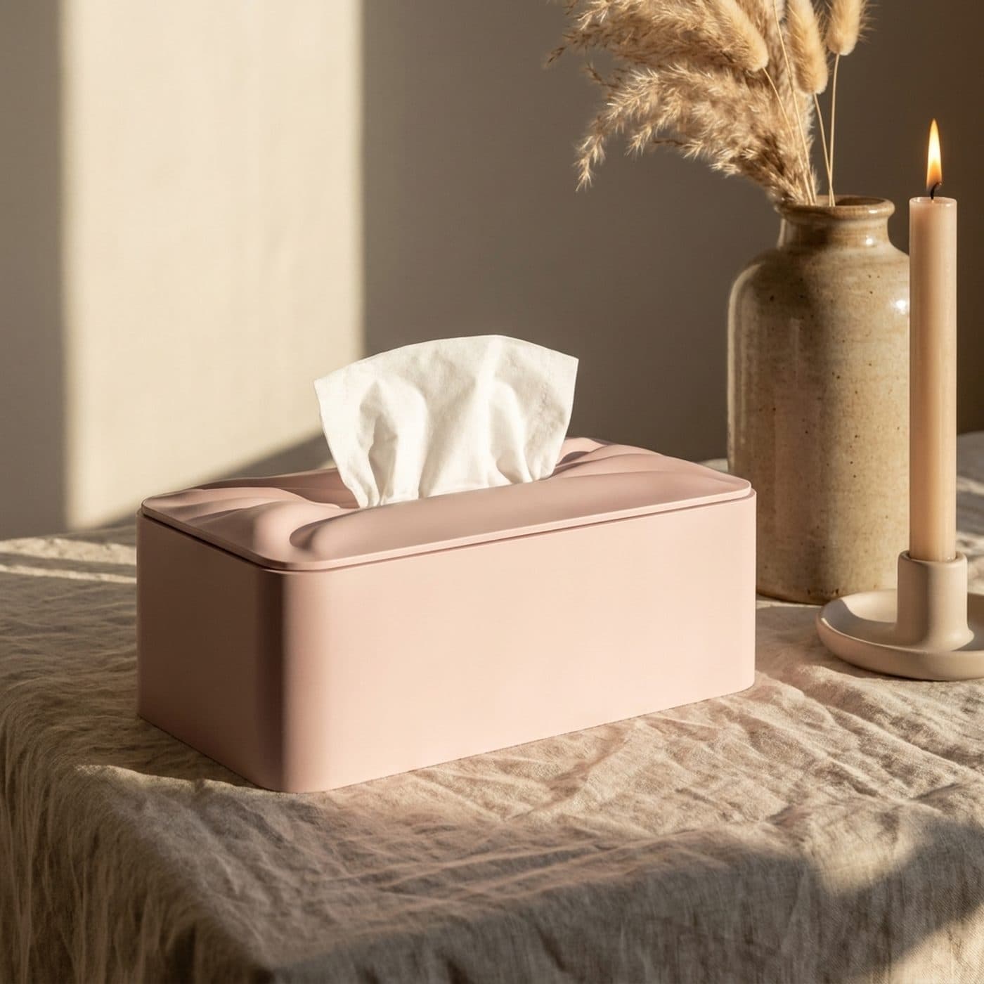 Boîte à mouchoirs Après by OSER rose sur une table de chevet en lin, pampa séchée et bougie allumée