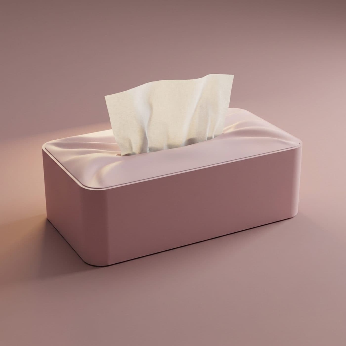 Couvre-boîte à mouchoirs design Après by OSER, vue de trois quarts sur fond rose uni, drapé souple du couvercle