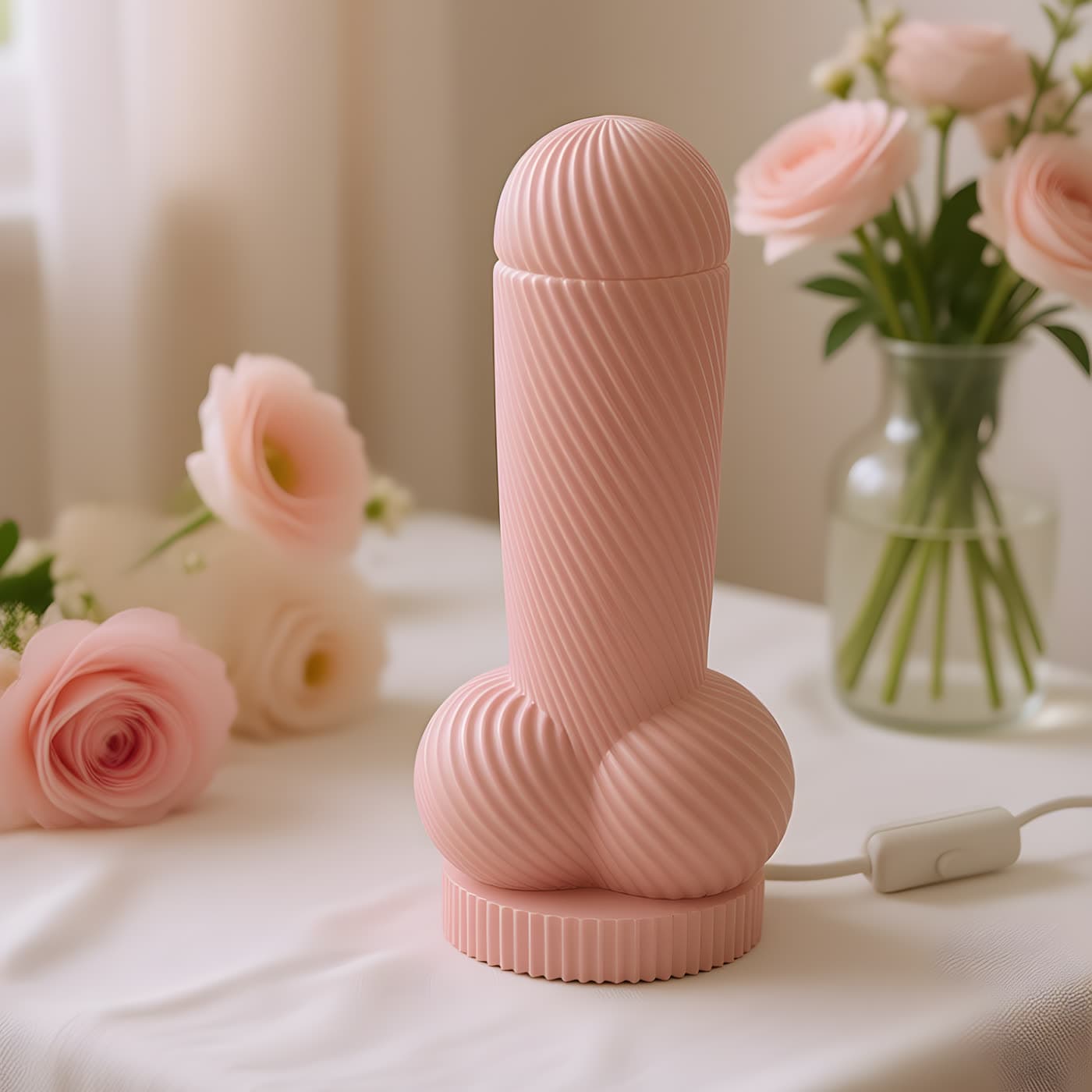 Lampe Monsieur by OSER — lampe de chevet insolite rose posée sur une table nappée, entourée de roses