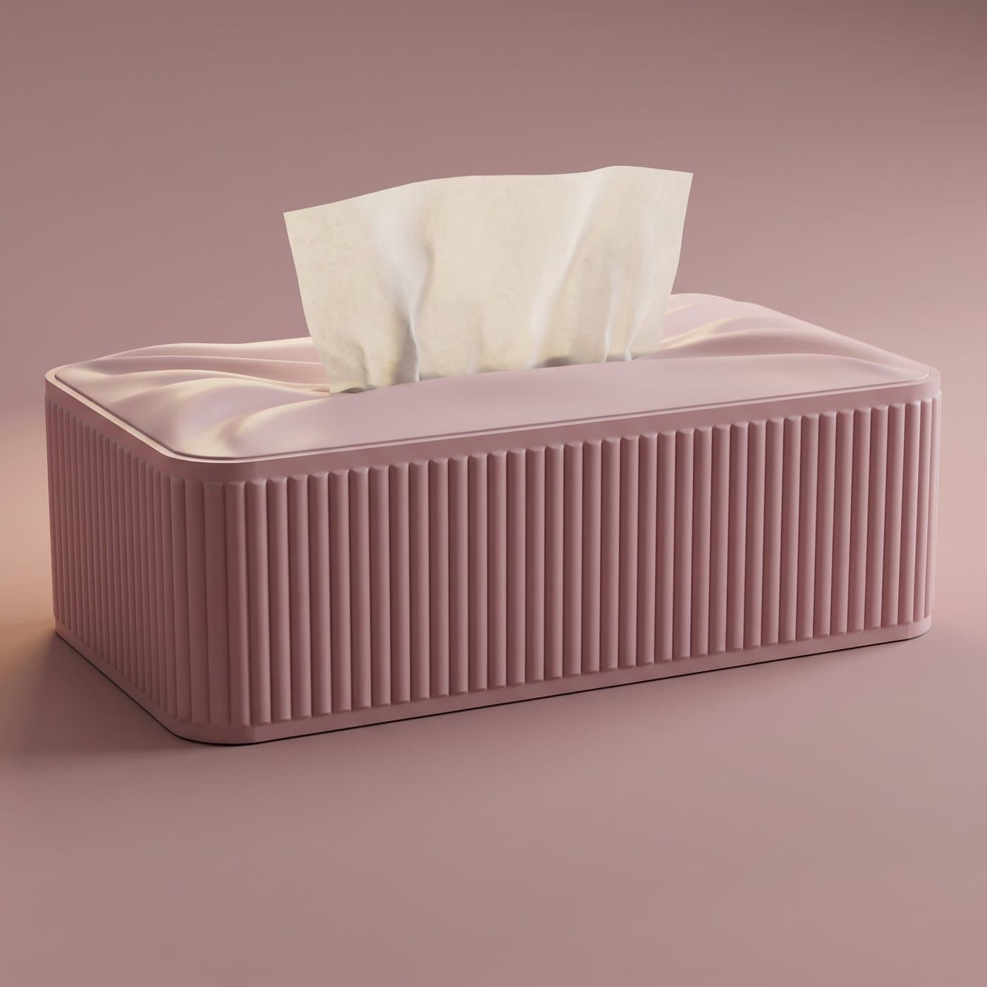Couvre-boîte à mouchoirs design Après by OSER, vue de trois quarts sur fond rose uni, cannelures verticales et couvercle drapé