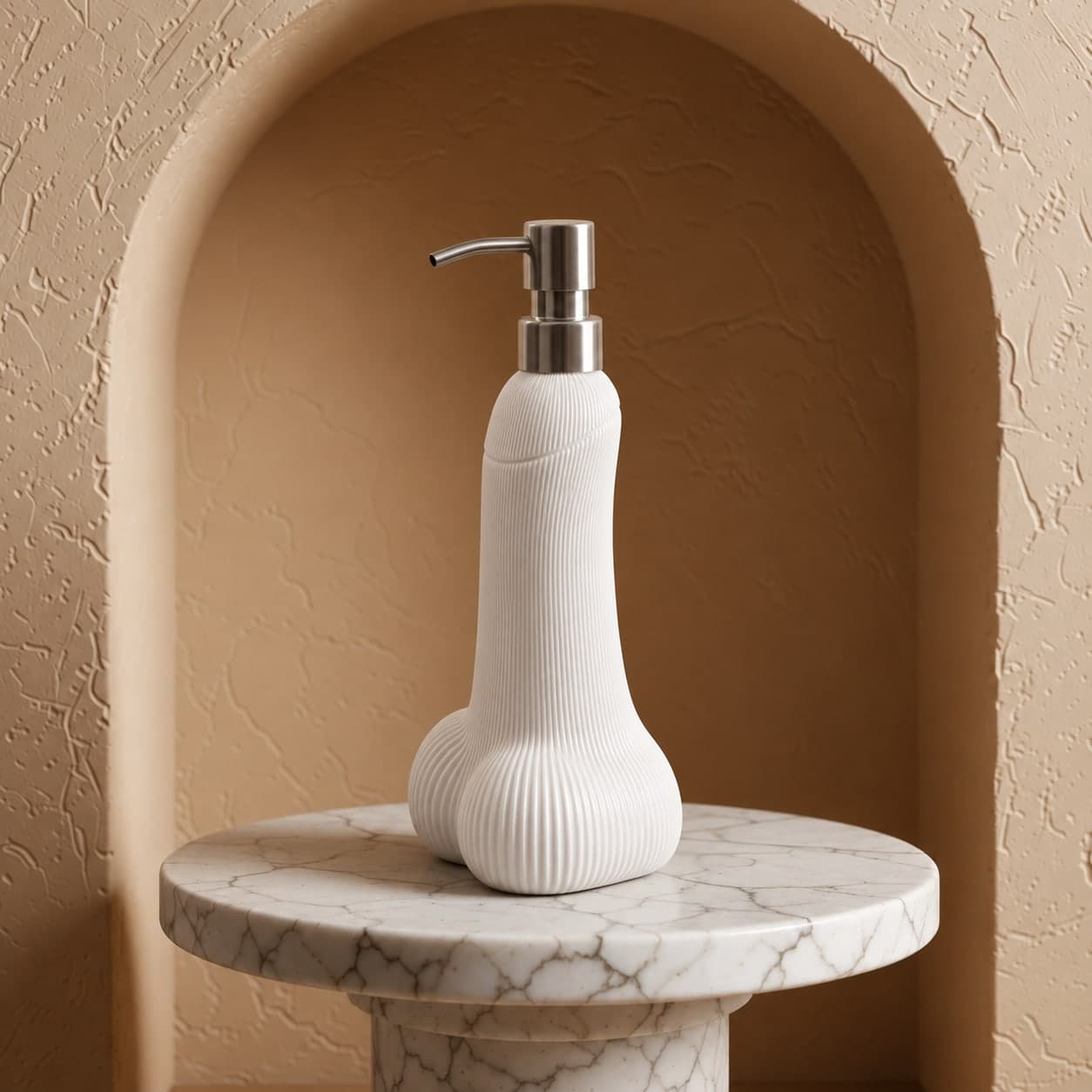Distributeur de savon design Semence blanc dans une niche en arche, pompe en acier inoxydable
