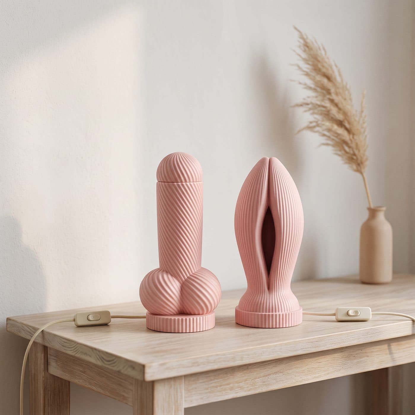 Duo Monsieur & Madame by OSER, les deux lampes roses côte à côte sur une console en bois clair, cordons et interrupteurs visibles