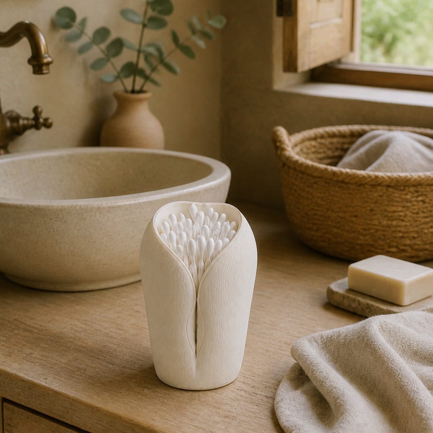 Porte coton-tiges original L'Innocente blanc sur un plan en chêne, vasque en pierre, eucalyptus et panier tressé