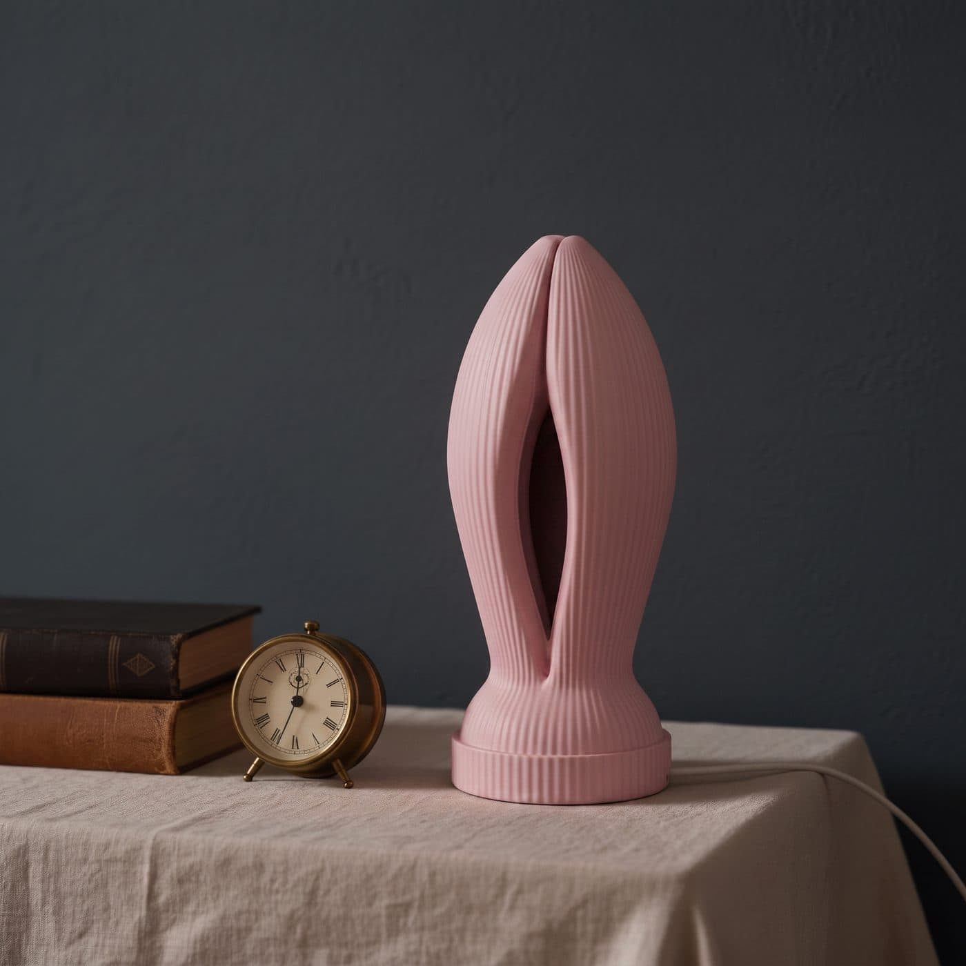 Lampe Madame by OSER rose sakura éteinte sur une nappe de lin, livres anciens et réveil en laiton