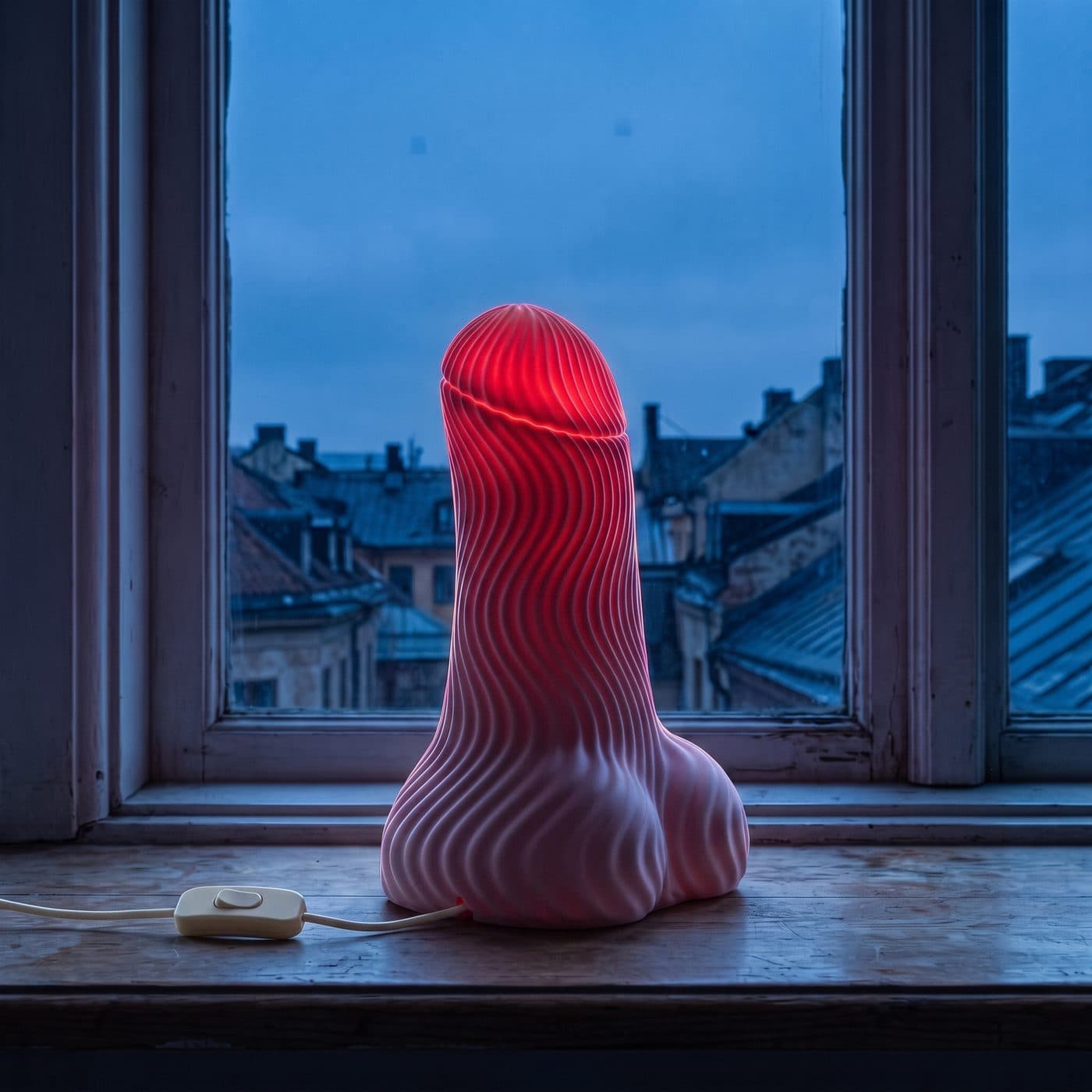 Cadeau insolite Lampe Semence allumée rouge à la fenêtre à l'heure bleue, toits de la ville derrière