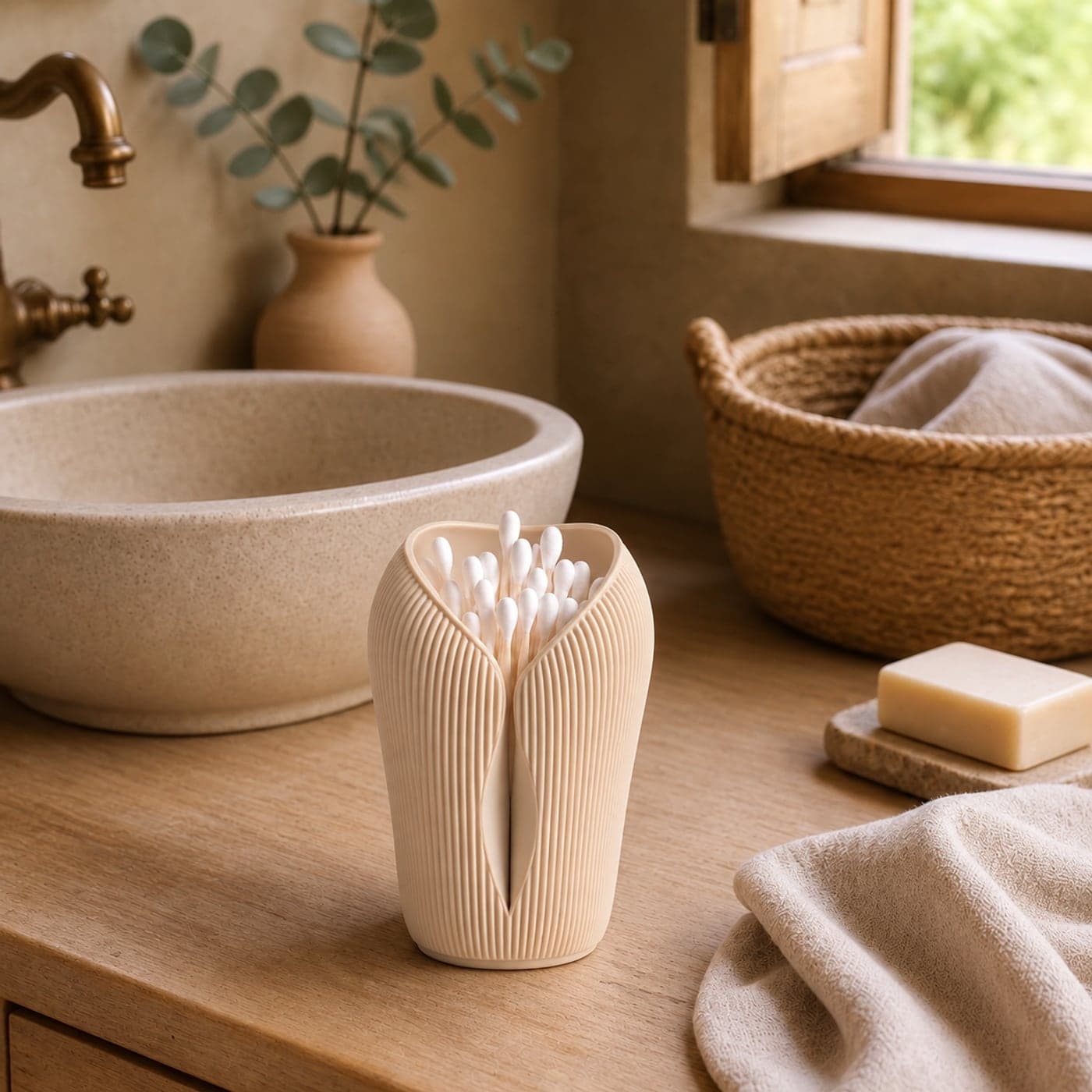 Porte coton-tiges original L'Innocente blanc sur un plan en chêne, vasque en pierre, eucalyptus et panier tressé