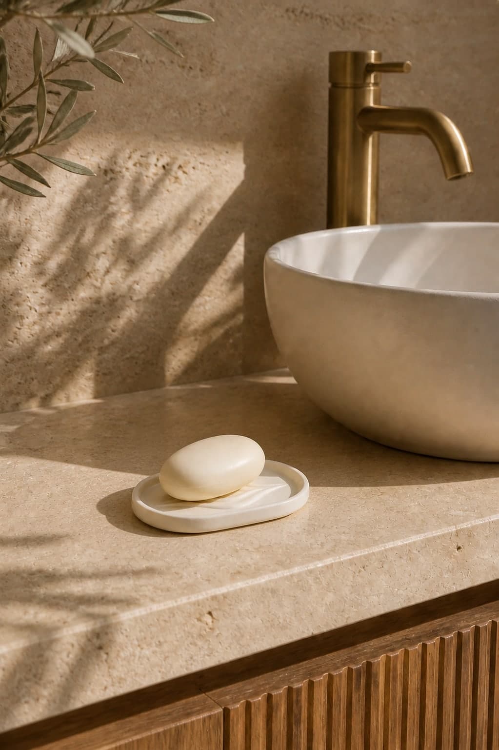Porte-savon solide design L'Amande beige foncé sur une vasque en pierre, robinetterie en laiton et vasque ronde