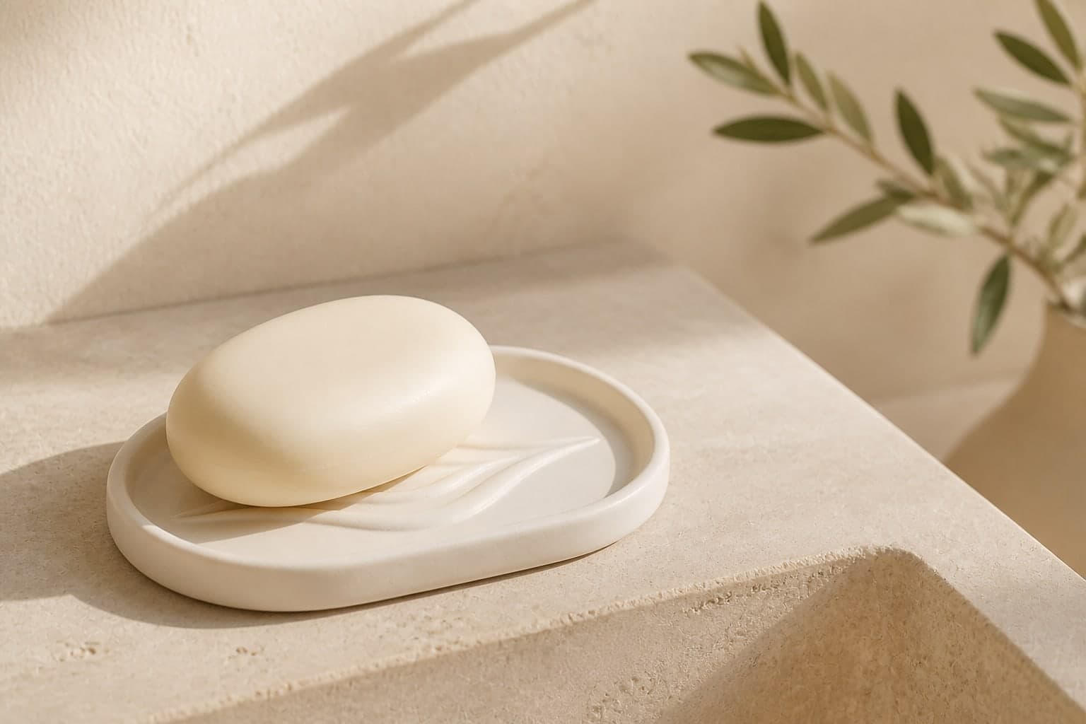 Porte-savon L'Amande by OSER beige foncé vu de trois quarts, savon solide posé dessus, ombres d'olivier sur le mur