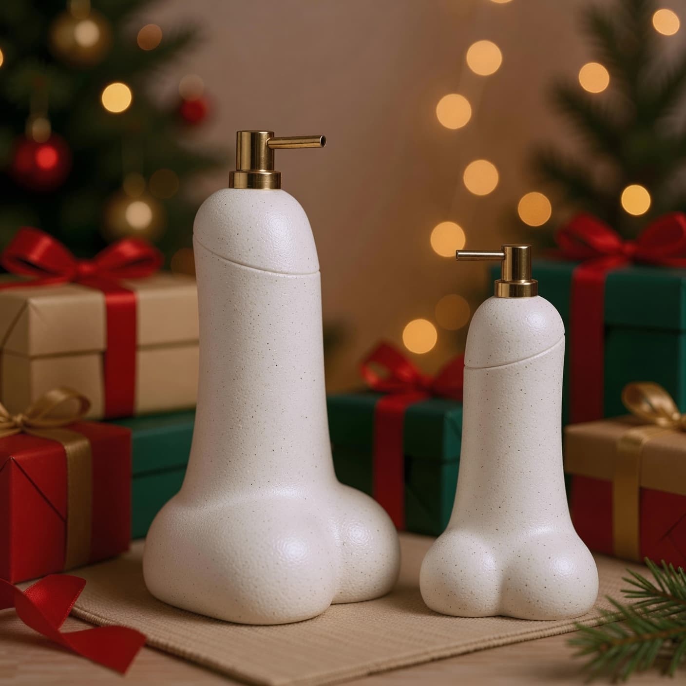 Distributeur de savon Semence by OSER blanc, deux tailles au pied du sapin de Noël, pompe dorée