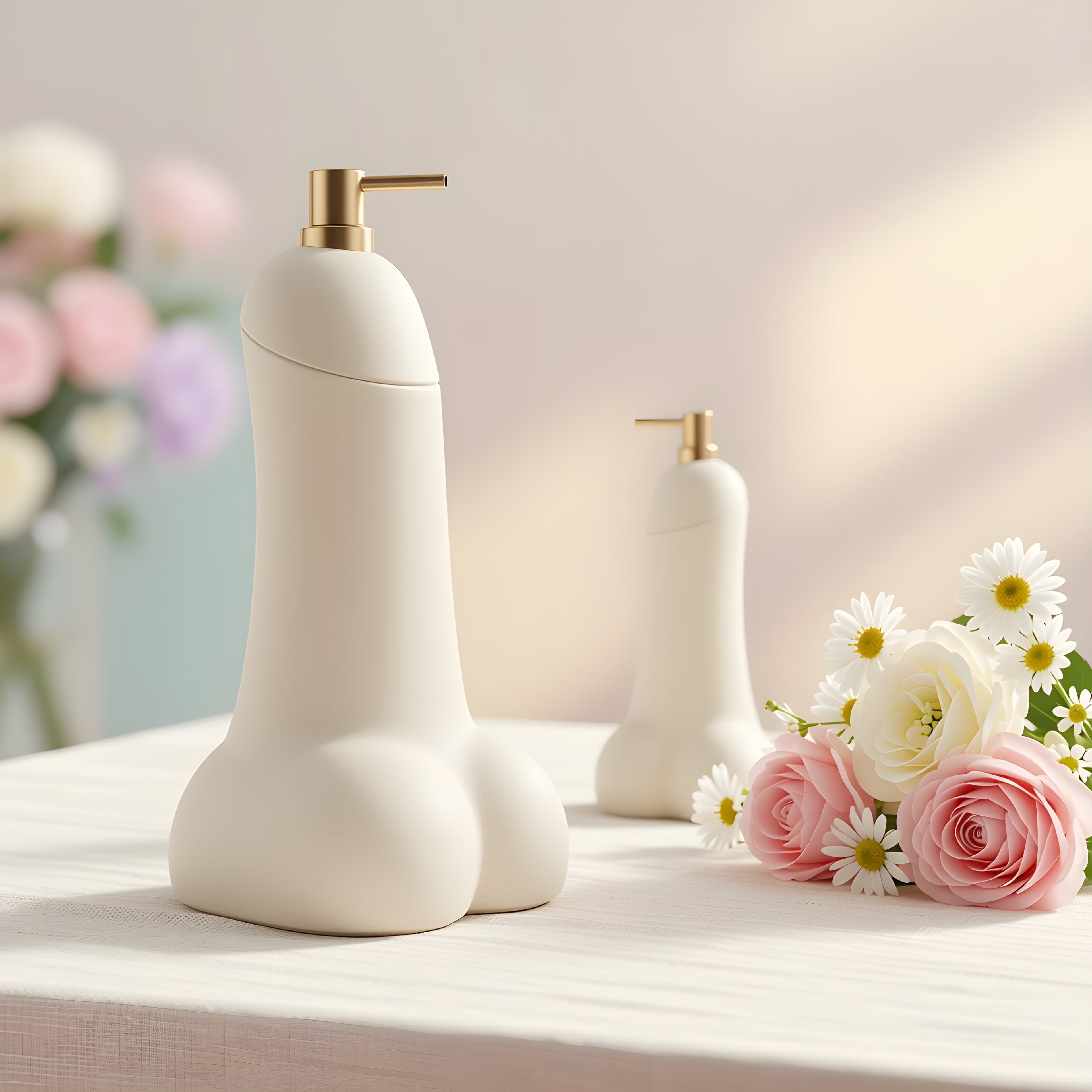 Semence by OSER blanc — distributeur de savon original à pompe dorée, deux tailles entourées de fleurs