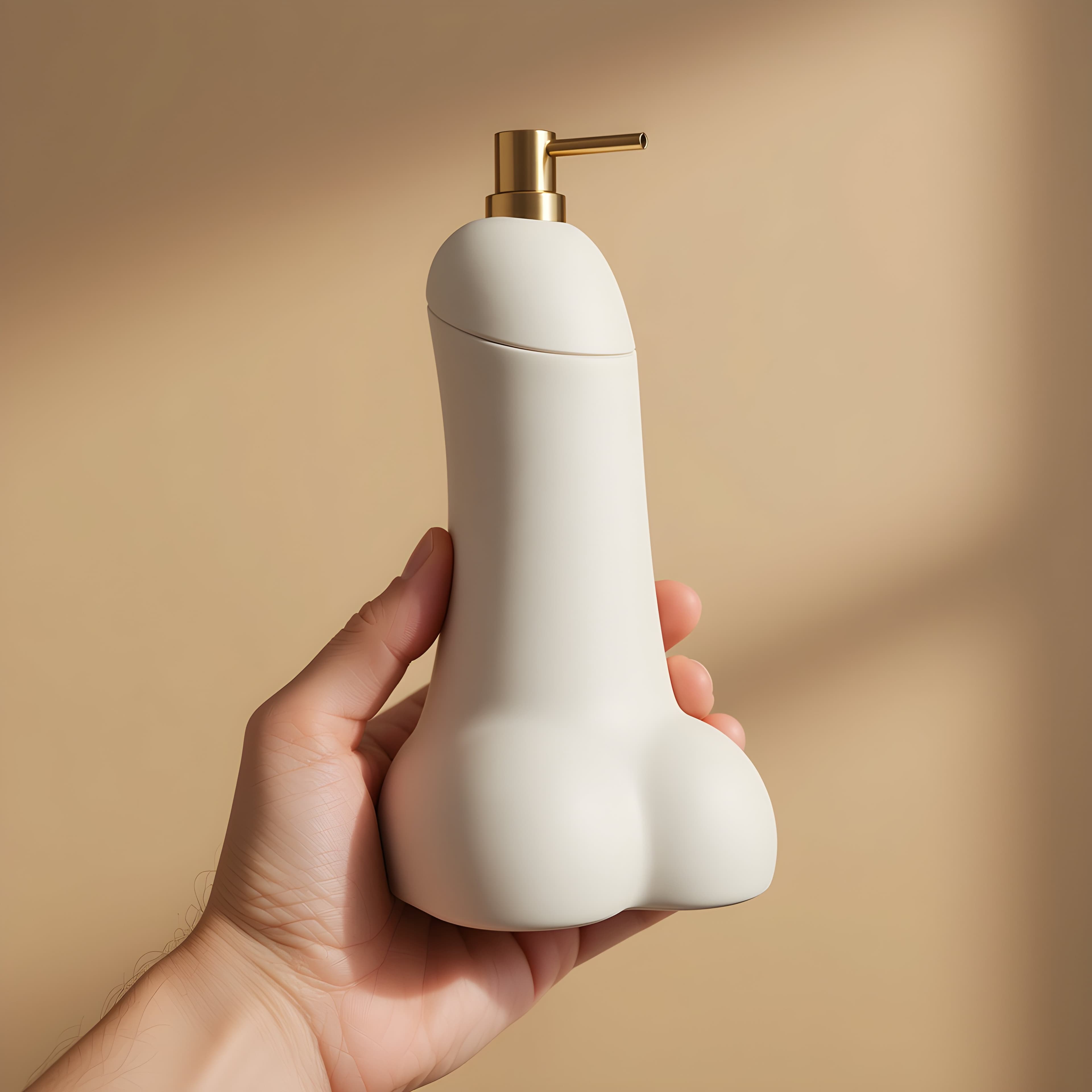 Distributeur de savon insolite Semence blanc tenu en main, échelle réelle, pompe dorée
