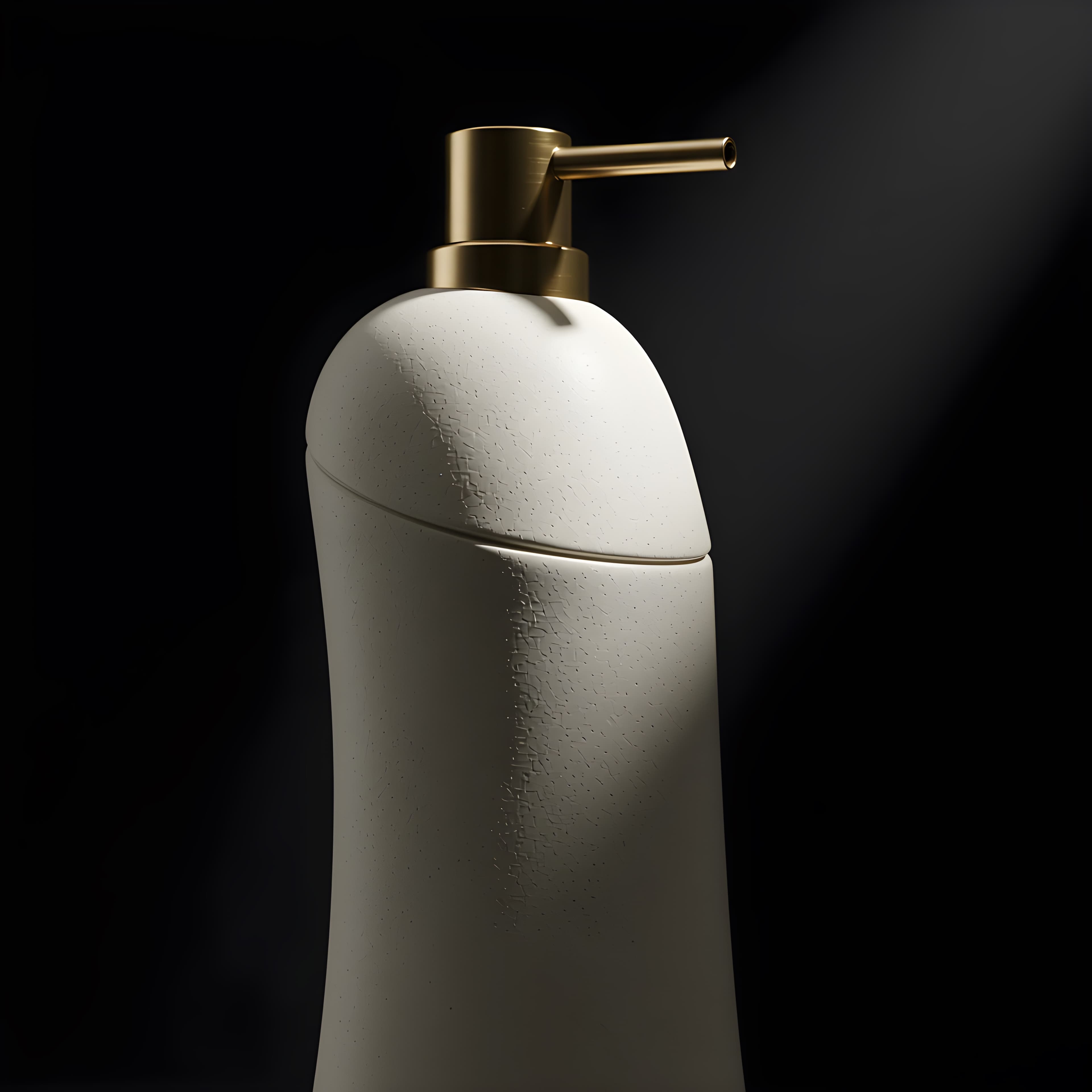 Détail de la pompe dorée du distributeur de savon Semence blanc sur fond noir