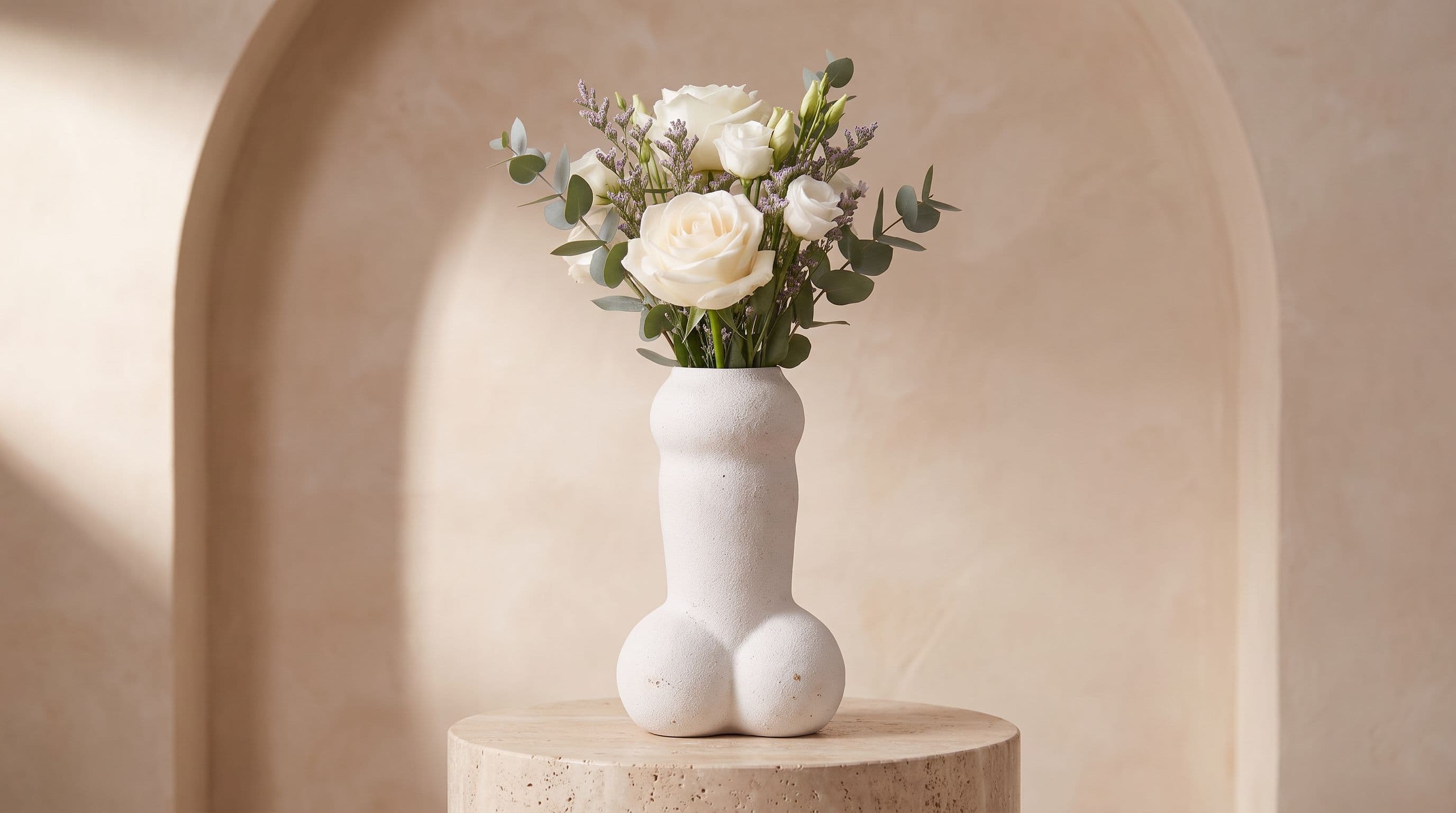 Vase Flora by OSER blanc, bouquet de roses blanches et eucalyptus, dans une niche en arche