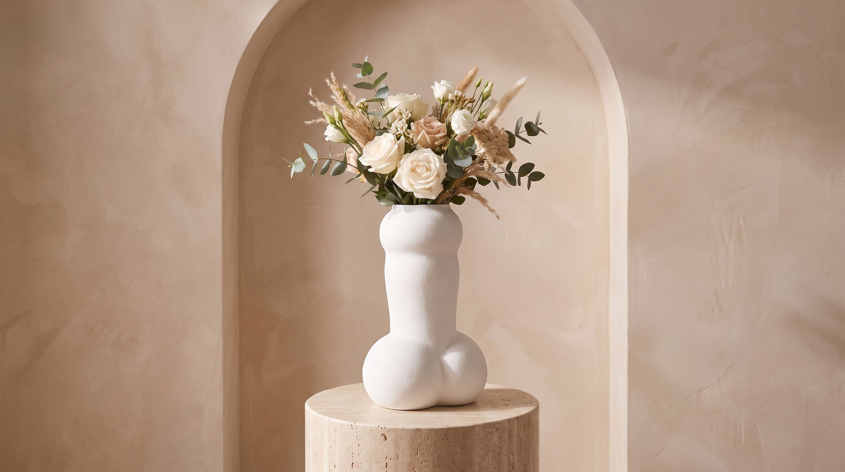 Vase design insolite Vase Flora avec un bouquet de roses et de pampas, niche en arche