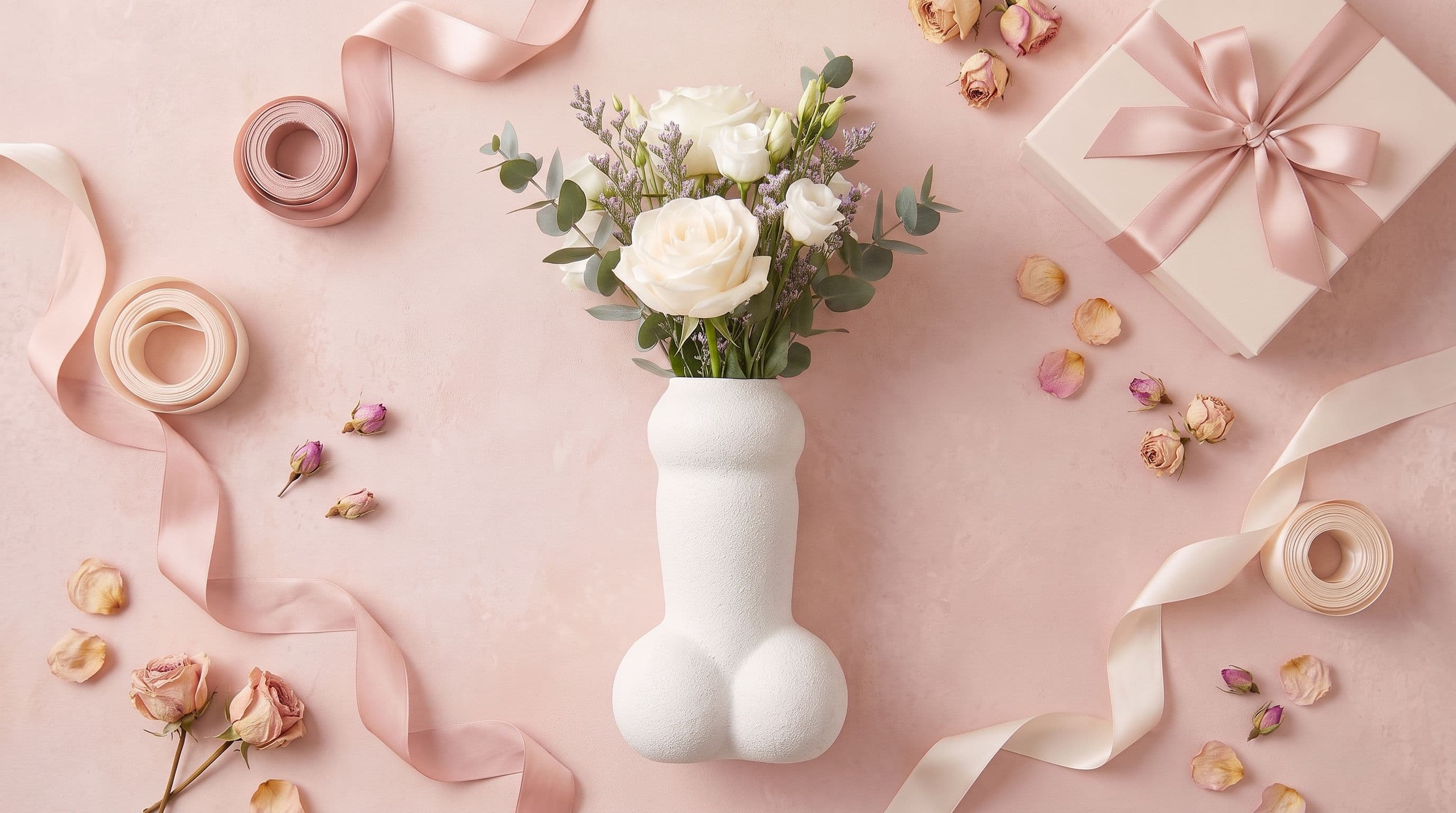 Vase Flora en cadeau, bouquet de roses blanches sur fond rose poudré et rubans